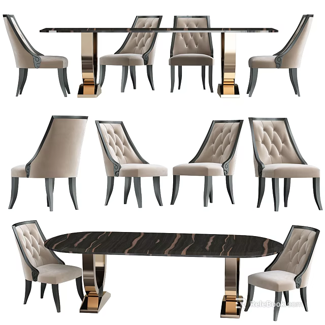 Modern Elegant Dining Table Set With Black Marble Top And Upholstered Chairs 3d model