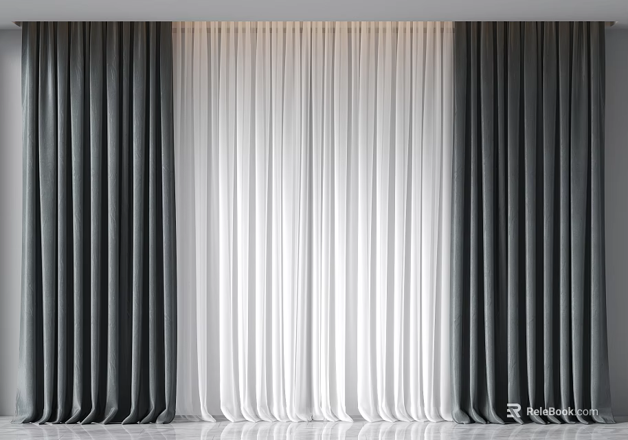 Stylish Gray and White Modern Curtains for Elegant Home Window Interior Design 3d model 