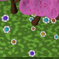 Cartoon Scene Featuring Fluffy Pink Trees Brown Trunks And Colorful Flowers On Green Grass