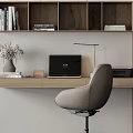 Modern Minimalist Wooden Desk Setup With Laptop Table Lamp Bookshelves And Decorative Items