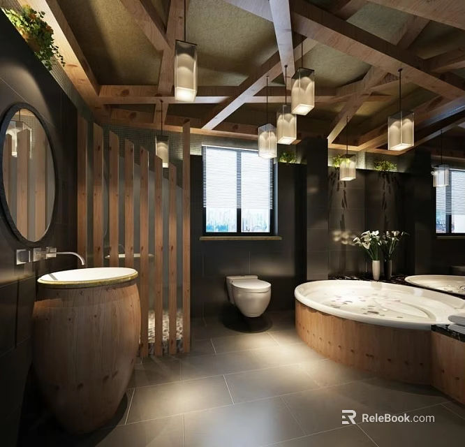 Hotel Bathroom Interior With Wooden Elements Bathtub Round Sink And Pendant Lights 3d model 
