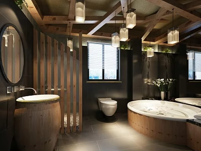 Hotel Bathroom Interior With Wooden Elements Bathtub Round Sink And Pendant Lights 3d model