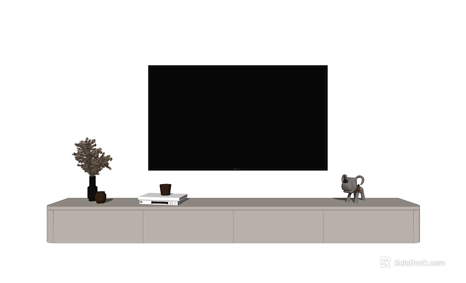 Light Gray TV Stand with Large Screen TV Potted Plant Books and Cat Figurine 3d model 