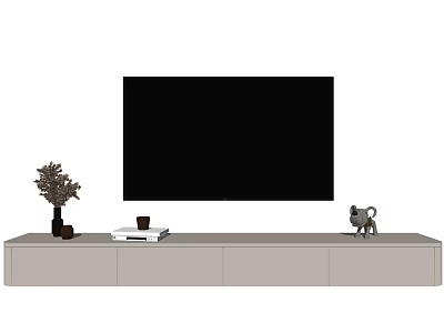 Light Gray TV Stand with Large Screen TV Potted Plant Books and Cat Figurine 3d model