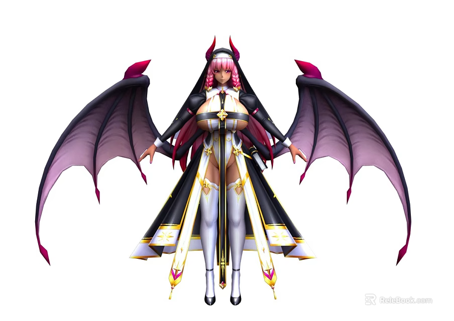 Woman with Demon Horns and Black Purple Wings in Nun Like Outfit With Golden Accents 3d model 
