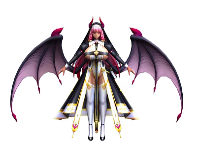 Woman with Demon Horns and Black Purple Wings in Nun Like Outfit With Golden Accents 3d model