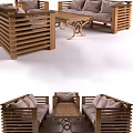 Wooden Sofa with Slatted Back and Cushions and Coffee Table Set with Ornate Legs Design