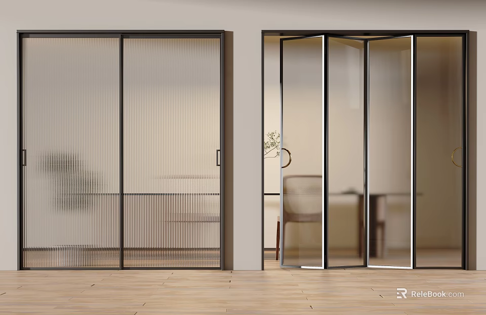 Modern Indoor Sliding Doors With Ribbed And Transparent Glass Black Frames Design 3d model 