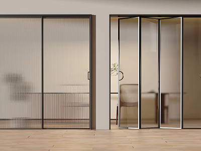 Modern Indoor Sliding Doors With Ribbed And Transparent Glass Black Frames Design 3d model