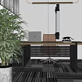 Modern Public Office Space With Brick Wall Backdrop Green Plants Computers And Workstations 3d model