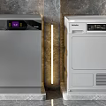 Modern Kitchen Appliances In Three Colors With Marble Wall And Accent Lighting
