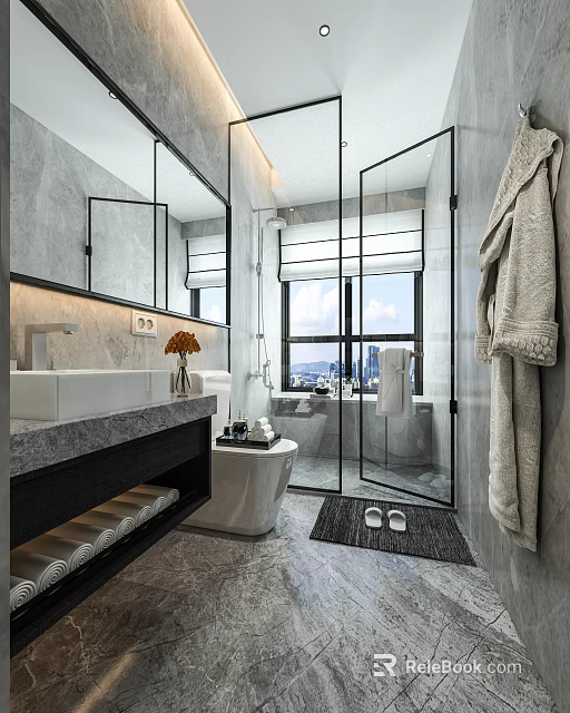 Elegant Modern Hotel Bathroom With Marble Walls Glass Shower And Large Mirror 3d model 