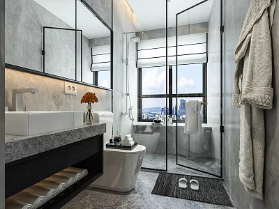Elegant Modern Hotel Bathroom With Marble Walls Glass Shower And Large Mirror 3d model