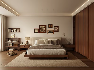 Modern Cozy Bedroom With Wooden Bed Frame Decorative Paintings Nightstand Table Lamp Bookshelf And Rug 3d model