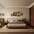 Modern Cozy Bedroom With Wooden Bed Frame Decorative Paintings Nightstand Table Lamp Bookshelf And Rug
