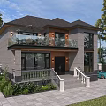 Modern Two Story Detached House With Dark Roof Wooden Siding Front Garden And Glass Balcony