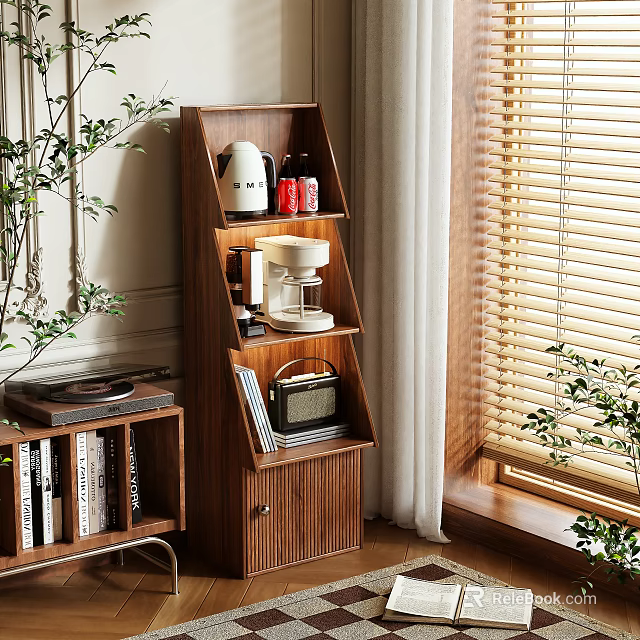 Multi tiered Wooden Storage Shelf with Coffee Maker Radio Books and Green Plants by Window 3d model 