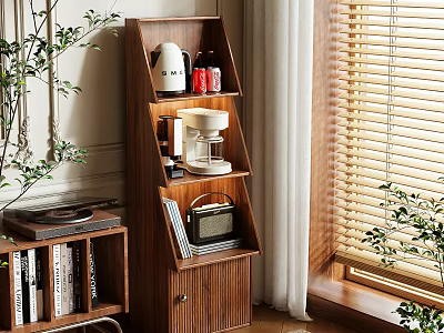 Multi tiered Wooden Storage Shelf with Coffee Maker Radio Books and Green Plants by Window 3d model