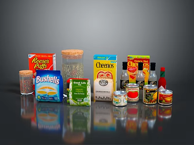 Assorted Packaged Food Products With Cereal Boxes Coffee Canister Spices And Canned Goods 3d model