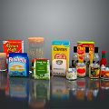 Assorted Packaged Food Products With Cereal Boxes Coffee Canister Spices And Canned Goods
