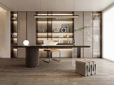Modern Study Room Interior Design With Long Wooden Desk Bookshelves Artwork And Pendant Lights 3d model