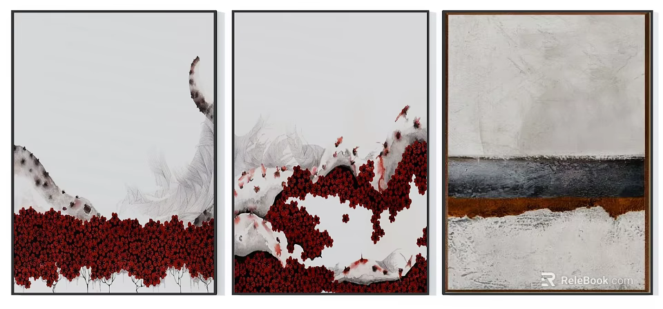 Modern Abstract Art Triptych With Red White Gray Color Patterns And Textures 3d model