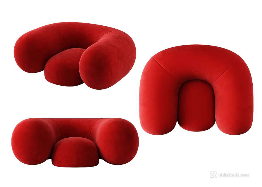 Modern Red Single Sofa with Rounded Curves and Plush Velvet Upholstery Design Style 3d model 