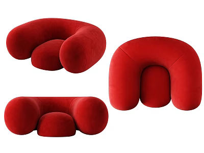 Modern Red Single Sofa with Rounded Curves and Plush Velvet Upholstery Design Style 3d model
