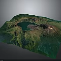 Realistic 3D Terrain Featuring Crater Lake Green Mountains and Volcanic Cone