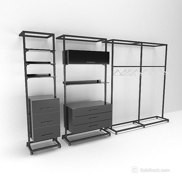 Modern Black Metal Storage Shelving Unit With Open Shelves Drawers And Clothing Rack 3d model 