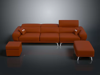 Modern Orange Sofa Set With Two Matching Ottomans And Decorative Pillows 3d model