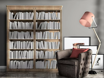 Wooden Bookshelf Filled With Books Comfy Armchair Red Cushion Floor Lamp Wall Art 3d model