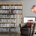 Wooden Bookshelf Filled With Books Comfy Armchair Red Cushion Floor Lamp Wall Art