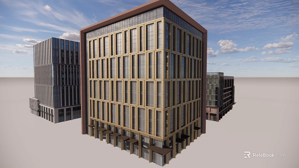 Modern Office Building Exterior With Glass Curtain Wall And Multi Story Design 3d model 