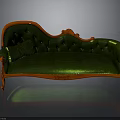 Green Tufted Velvet Sofa With Red Carved Wooden Frame And Decorative Pillow