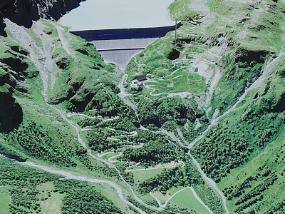 Scenic Natural Landscape With Green Mountain Valleys Winding Roads And Dam Structure 3d model