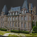 European Building with Steep Roofs Ornate Facades Arched Windows Green Lawn and Trimmed Shrubs