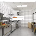 Professional Kitchen With Stainless Steel Kitchenware White Tiled Walls And Worktables