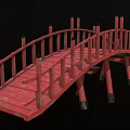Red Wooden Bridge With Arched Design And Railings On Black Background