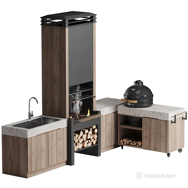 Outdoor Kitchen With Wooden Cabinets Sink Black Chimney Grill And Wood Logs 3d model 
