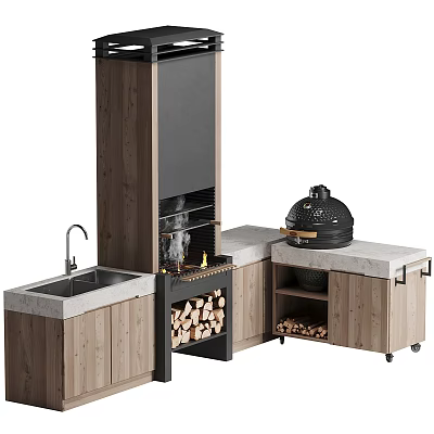 Outdoor Kitchen With Wooden Cabinets Sink Black Chimney Grill And Wood Logs 3d model
