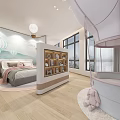 Kids Hotel Guest Room With Hot Air Balloon Decor Mural Bed Pendant Lights And Rug
