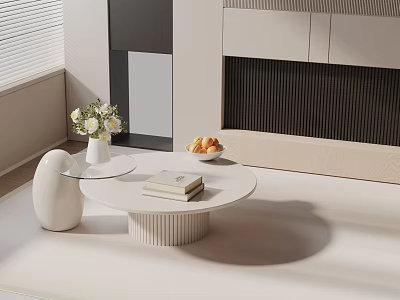 Modern Beige Sofa and Round Coffee Table with White Flower Vase Books and Fruit Bowl 3d model