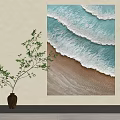 Abstract Wave Texture Canvas Art With Green Plant And Ceramic Vase 3d model