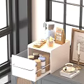 Elegant White Tea Set Storage Cabinet With Tea Bags Jars And Cup By Window