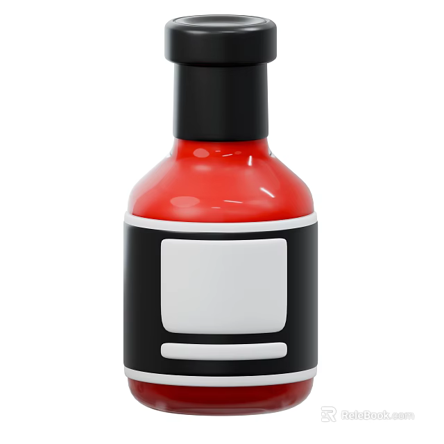 Red Condiment Bottle Featuring Black Cap and Black White Label Design 3d model 