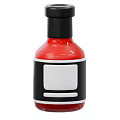 Red Condiment Bottle Featuring Black Cap and Black White Label Design