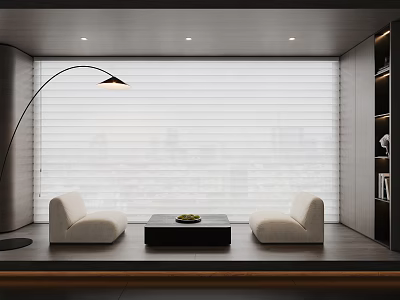 Modern Interior With White Blinds Beige Sofas Black Coffee Table And Floor Lamp 3d model