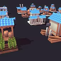 Various Small Traditional Building Models With Blue Roofs Wooden Structures And Windmills