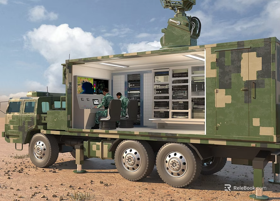 Military Green Camouflage Functional Vehicle With Open Cabin Internal Equipment And Radar Antenna 3d model 